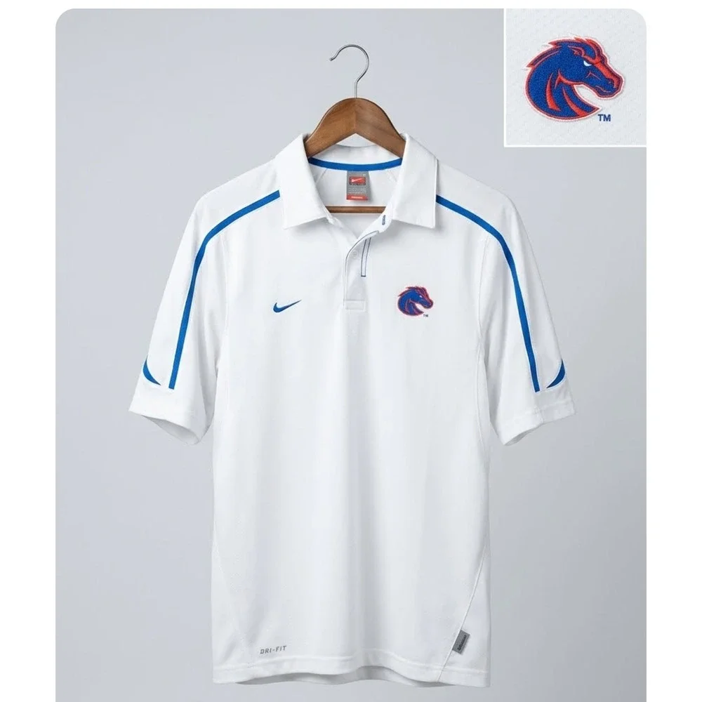 Nike Team Boise State Broncos Dri-FIT Polo Shirt Mens Small White Blue BSU NCAA
